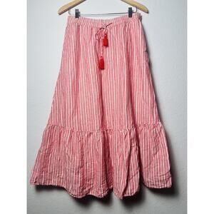 Talbots Linen Blend Red Striped Maxi Skirt Sz M Lined Ruffle Flare Tassel Boho